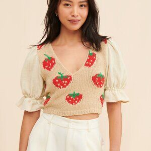Free People Strawberry Jam Mixed-Media Sweater Puff sleeve Top - Adorable! MED